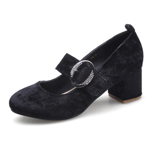 BONJOMARISA [Big Size] Mary Jane Velvet Chunky Heels Round Toe Shoes