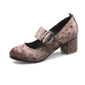BONJOMARISA [Big Size] Mary Jane Velvet Chunky Heels Round Toe Shoes