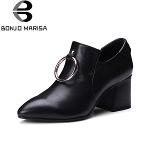 BONJOMARISA [Big Size] Women's Pointed Toe Genuine Leather Chunky High Heels Office Lady Shoes