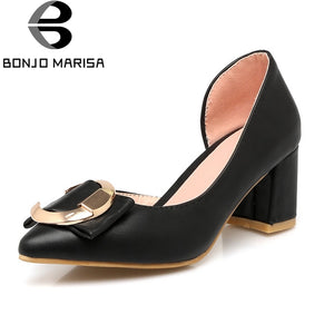 BONJOMARISA [Big Size] Square Heel Metal Decoration Pointed Toe Slip-On Shoes