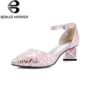 BONJOMARISA New Women's Genuine Leather Square Med Heels Ankle Strap Shoes