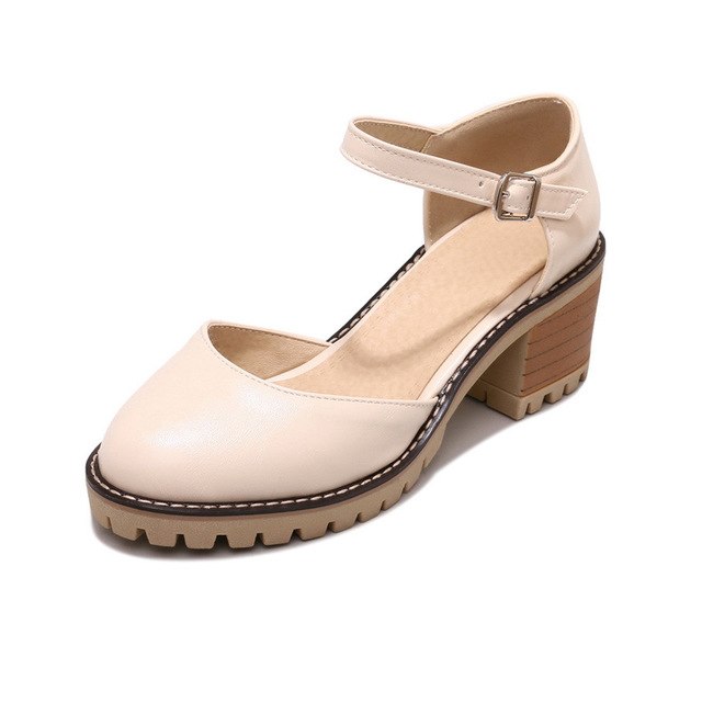 BONJOMARISA [Big Size] Ankle Strap Square High Heels Solid Round Toe Platform Shoes
