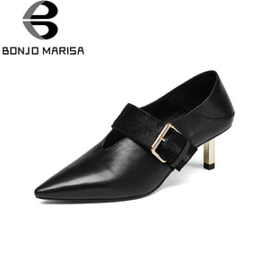 BONJOMARISA Genuine Leather Belt Buckle Thin Med Heels Pointed Toe Shoes