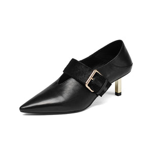 BONJOMARISA Genuine Leather Belt Buckle Thin Med Heels Pointed Toe Shoes