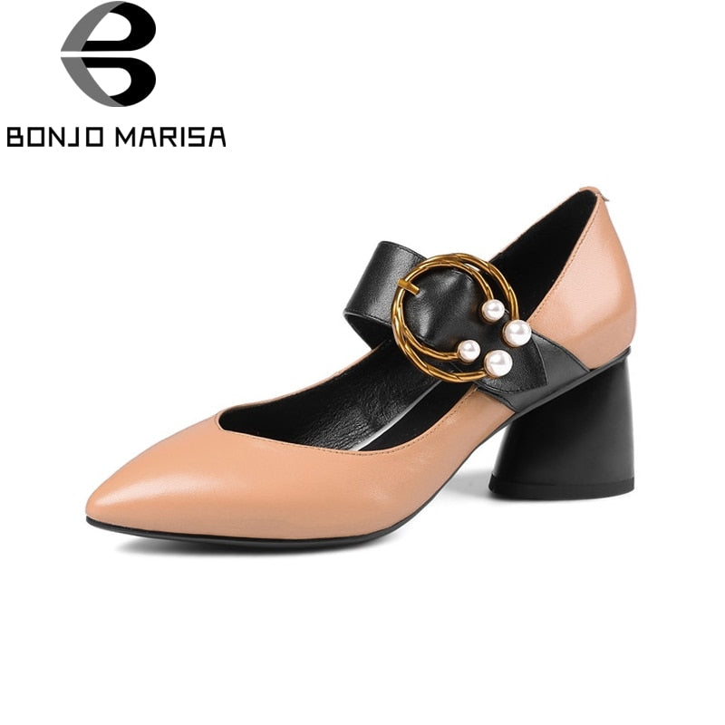 BONJOMARISA [Big Size] Genuine Leather Mary Janes Chunk High Heels Pointed Toe Shoes