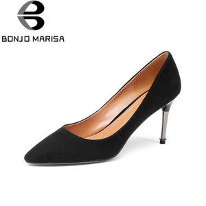 BONJOMARISA Solid Genuine Leather Thin High Heels Top Quality Concise Office Shoes