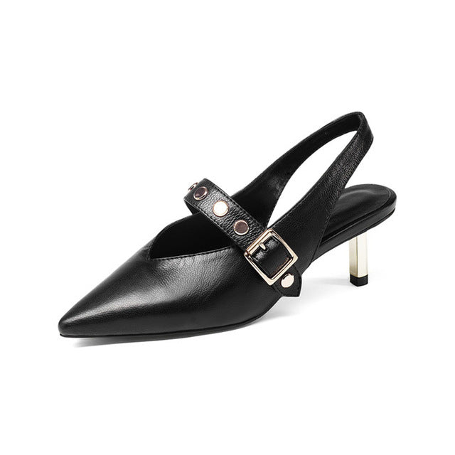 BONJOMARISA Genuine Leather Belt Decoration Thin High Heels Pointed Toe Shoes