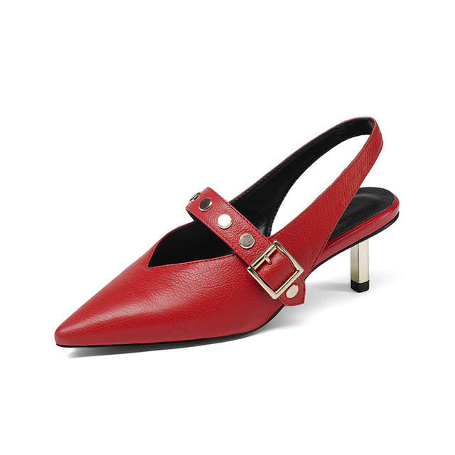 BONJOMARISA Genuine Leather Belt Decoration Thin High Heels Pointed Toe Shoes