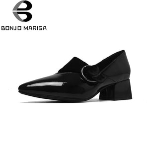 BONJOMARISA [Big Size] Patent Leather Square Med Heels Pointed Toe Buckle Shoes