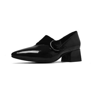 BONJOMARISA [Big Size] Patent Leather Square Med Heels Pointed Toe Buckle Shoes
