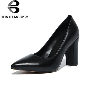 BONJOMARISA Square High Heels Genuine Leather Casual Office Shoes
