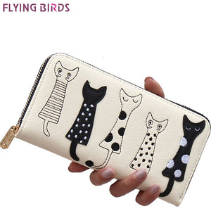 FLYING BIRDS! 2016 women wallets leather wallet long style dollar price Women bag card holder cartoon cat coin purse  LS8723fb
