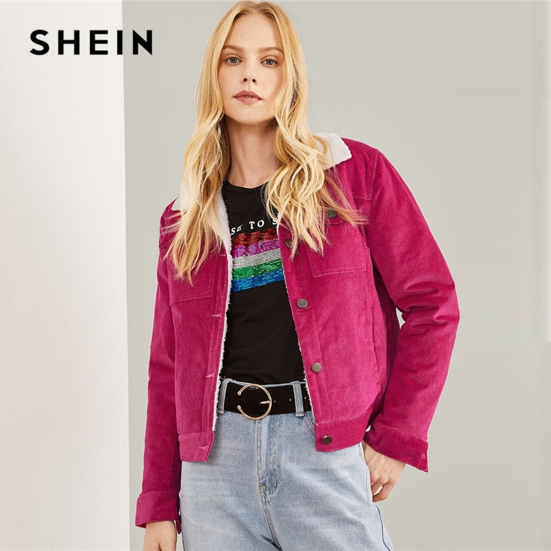 Hot Pink Corduroy Contrast Fleece Lined Jacket