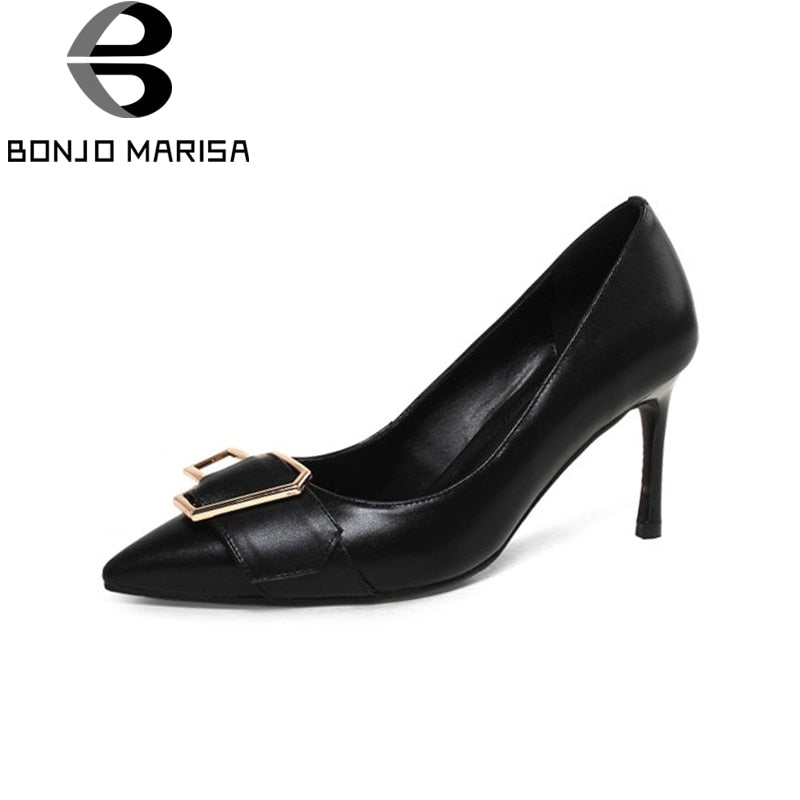BONJOMARISA Genuine Leather Pointed Toe Solid Metal Decoration Thin High Heels Shoes