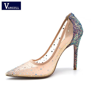VANGULL High Heel Silver Bling Fashion New See Through Party Wedding Stiletto Shoes