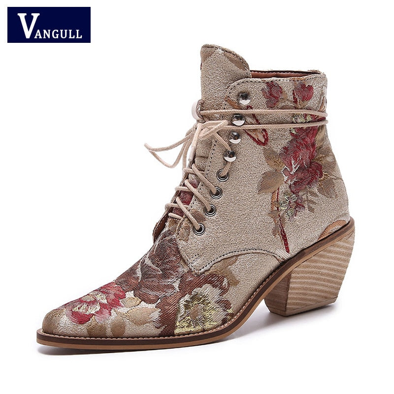 Women's Embroidery Lace Up Thick High Heel Wedding Party Ankle Boots