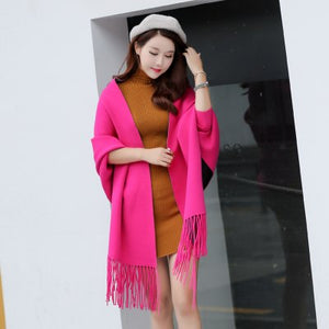 Disappearancelove Autumn and winter cape scarf dual cloak tassel double faced wool batwing sleeve sweater thickening sweate