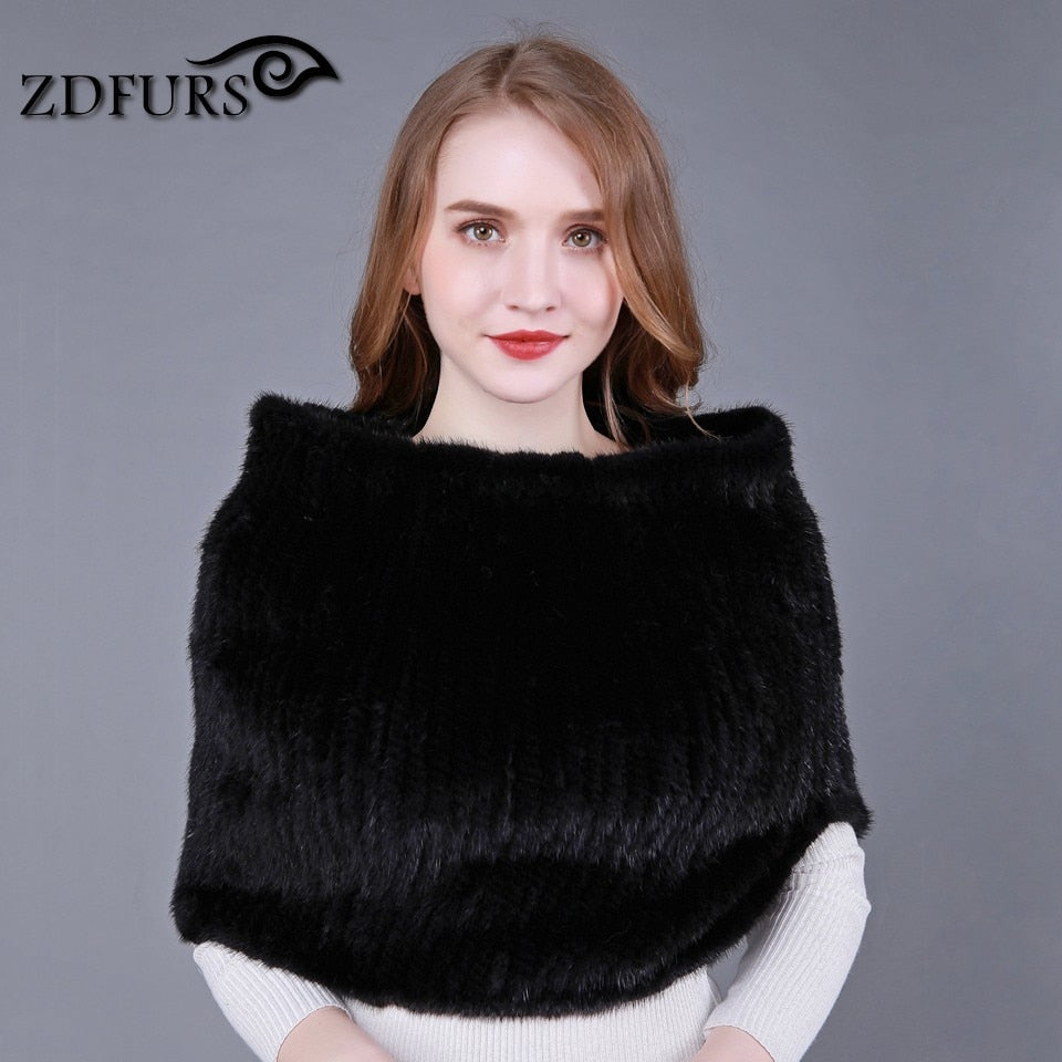 ZDFURS *  Real Knitted Mink Fur Shawl Natural elastic Mink Fur neck scarf Genuine Fur Wraps