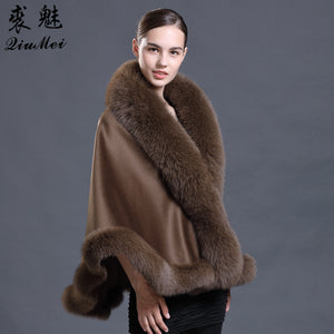Brown Pashmina Cashmere Coat Pashmina Shawls with Fur Pashmina Wool Scarf Fox Fur Collar Poncho Wrap Outwear Real Fur Coat