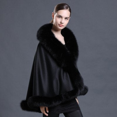 Brown Pashmina Cashmere Coat Pashmina Shawls with Fur Pashmina Wool Scarf Fox Fur Collar Poncho Wrap Outwear Real Fur Coat