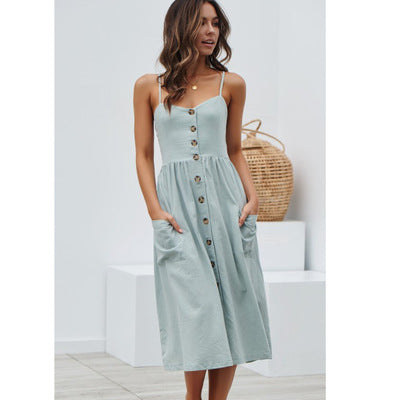 Women 2019 Boho Sexy Spaghetti Pocket Midi Dress  (S-XL)