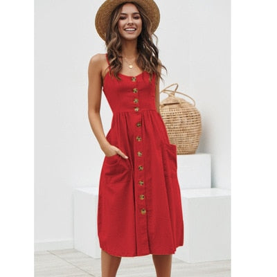 Women 2019 Boho Sexy Spaghetti Pocket Midi Dress  (S-XL)